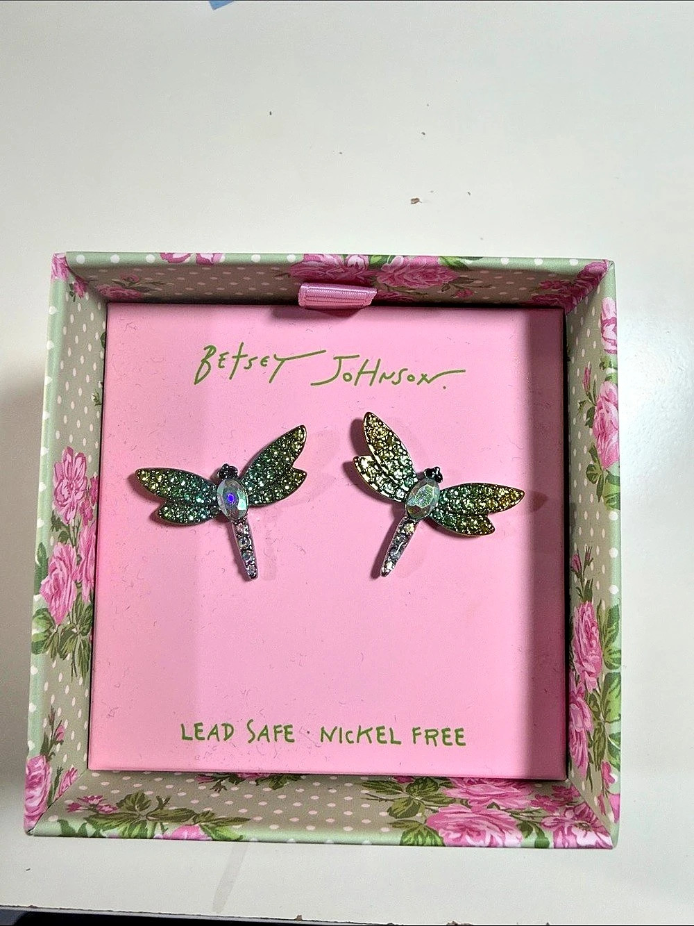 Betsey Johnson Dragonfly Crystal Stud Earrings Green & Pink
